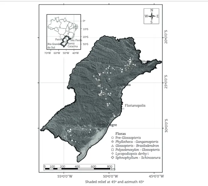 Figure 4. Map of the distribution of outcrops by loras in the Paraná Basin. (CPRM 2004 – Shaded relief at 45° and  azimuth 45°).