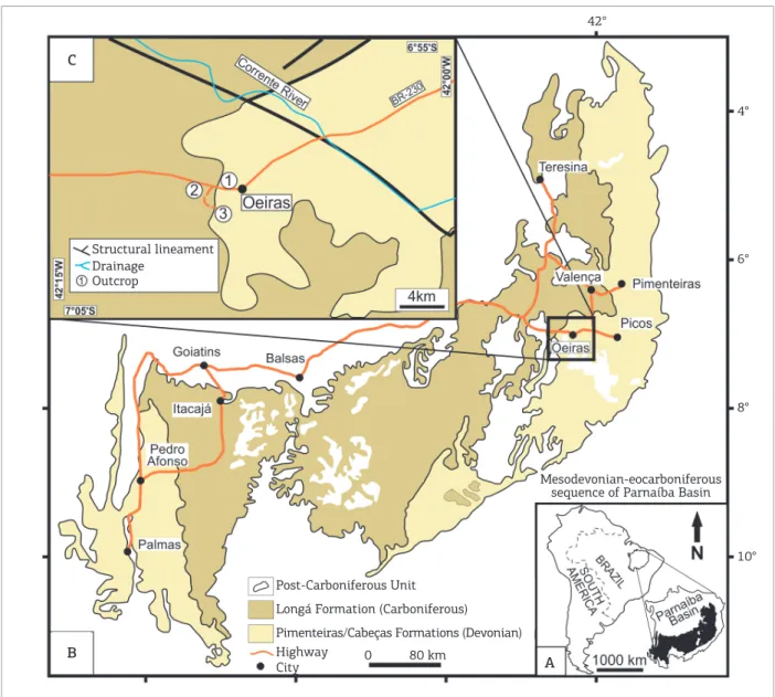 Figure 1. Geological and location map of the studied area. (A) Exposure area of Mesodevonian-Eocarboniferous  sequence (marked in black) in Parnaíba Basin