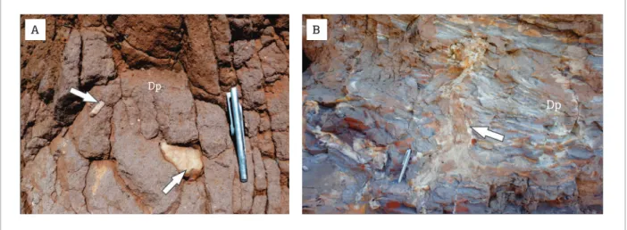 Figure 7. Deformational structures in the subglacial deposits of Cabeças Formation. (A) Conjugate faults related  to sinistral rotation in normal fault system and sandstone pods in the diamictite (facies Dp), associated with  massive conglomerate (facies G