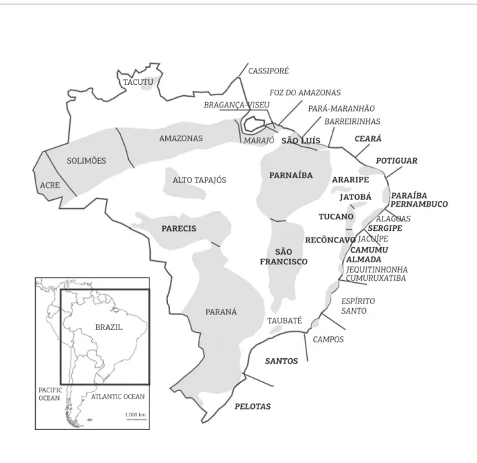 Figure  1.  Brazilian  sedimentary  basins  (modii ed  from  Milani  et al., 2007). The Brazilian Continental Margin  Basins (BCMBs) are indicated by italics, and the basins discussed in this paper are indicated by bold characters.