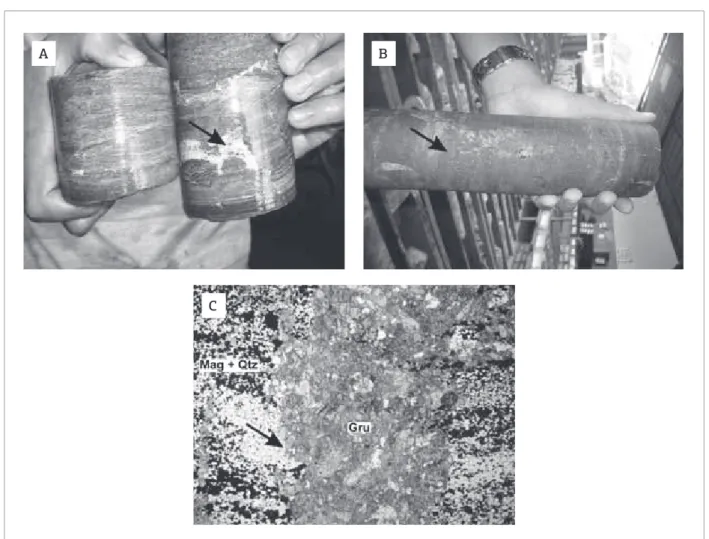 Figure 10. Macroscopic aspects of the calcite (A, arrow) and magnetite (B, arrow) veins truncating S n  foliation in  metabasalt