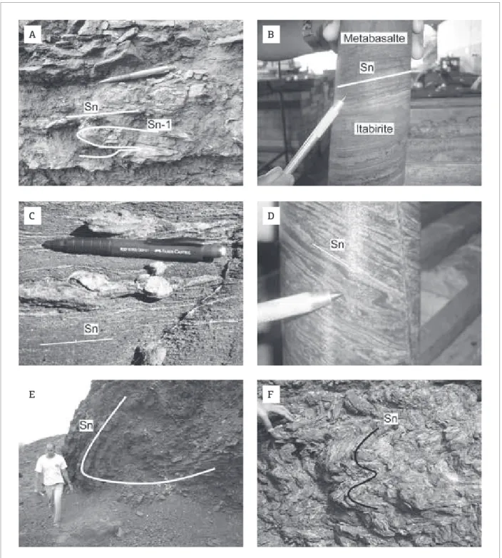 Figure 11. Deformational structures of the Lagoa D’anta mine. (A) Rootless isoclinal intrafolial fold involving  S 0 //S n-1   in  a  calc-silicate  rock
