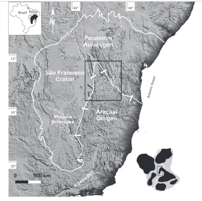 Figure 1. The Araçuaí Orogen in the Gondwana scenario, rebuilt through the juxtaposition of digital terrain  models from the eastern sector of Brazil