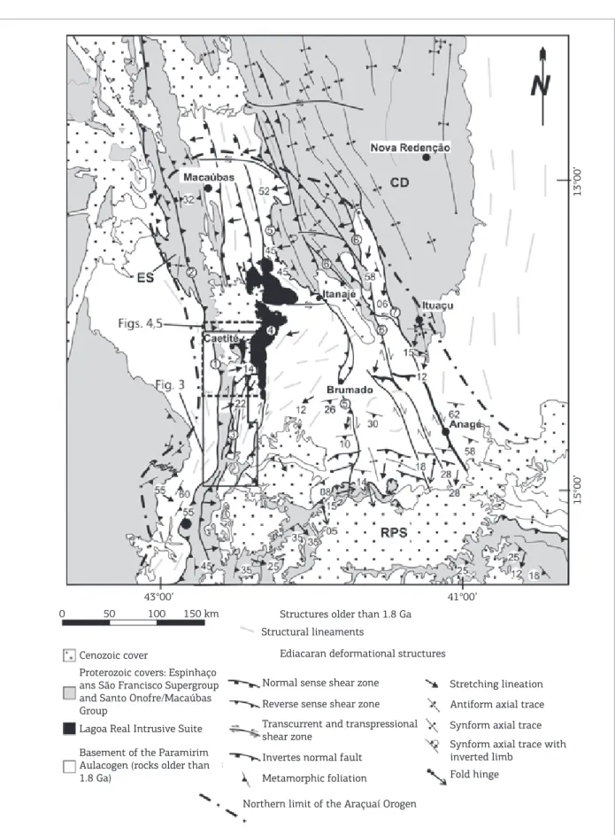 Figure 2. Map of the northern sector of the Araçuaí Orogen with the main structural traces