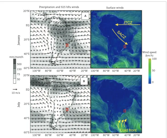 Figure 2. Precipitation and 925 hPa wind map (let) and surface winds (right) for South America