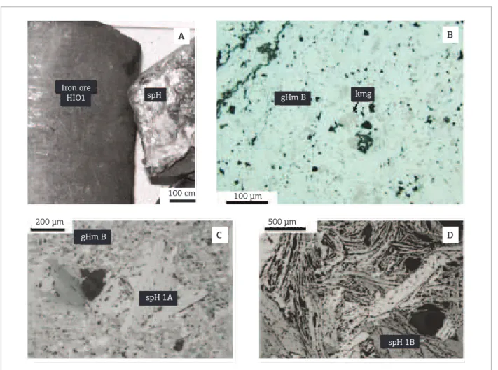 Figure 3. Textural features of high-grade iron ore 1 (HIO1) sample. (A) Hand specimen