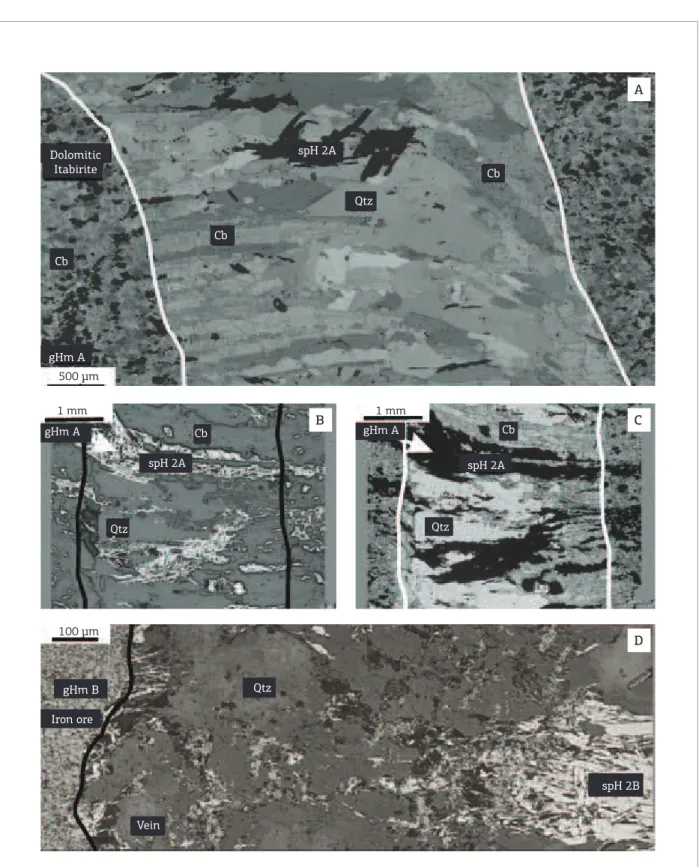 Figure  5.  (A  to  C)  Asymmetric  carbonate  (dolomite/calcite),  quartz  and  specularite  ibrous  composite  vein,  crosscutting dolomitic itabirite (DI)