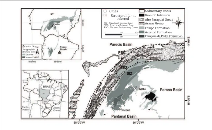 Figure 1. Map of the Paraguay Belt (detail at top let) and the regional geological setting of the study area in  the Poconé region based on the stratigraphic study of Tokashiki and Saes (2008) (Geological map extracted from  Lacerda Filho  et al