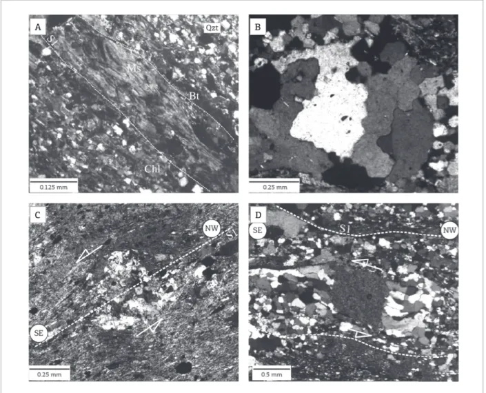 Figure 6. (A) Metamorphic assemblage developed by F1; note the diference between the quartz and micaceous  levels that deine the S1 plane
