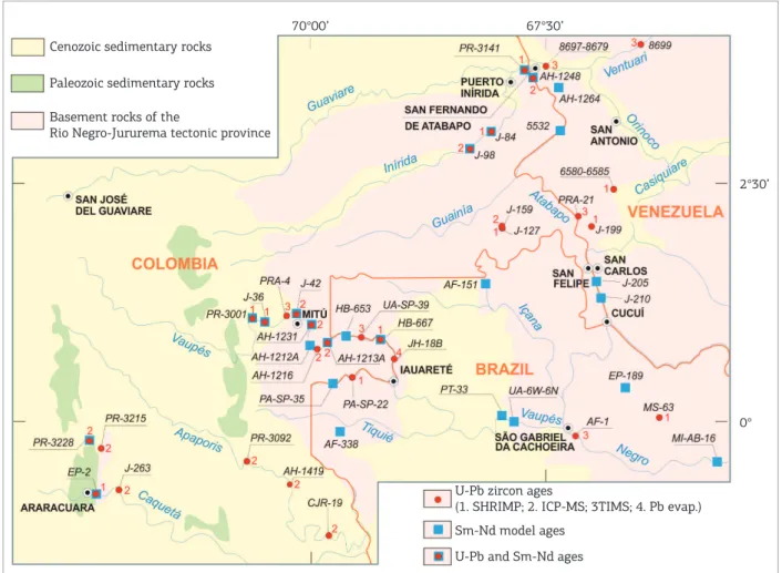 Figure 2. NW Corner of the Amazonian Craton. Location of samples analysed by the U-Pb and Sm-Nd methods.