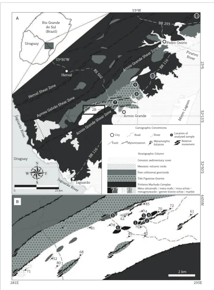 Figure 2. Geological map. (A) Southernmost Sul‑rio‑grandense Shield. (B) Detail of the southern area