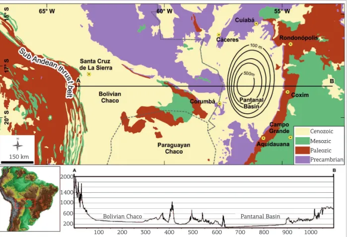 Figure 1. Geological setting of the Pantanal Basin (topographical proile based on South America SRTM-DEM; 