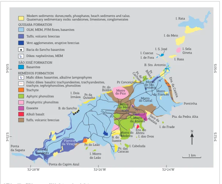 Figure 1. Detailed geologic map of the Fernando de Noronha Archipelago (Almeida 1955; simpliied), with some  topographic corrections, partly based on more recent nautical charts of 1984 and 1995 (Lopes 2002)