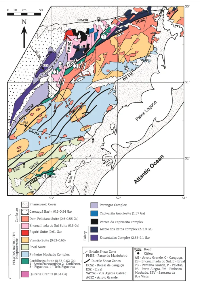 Figure 10. Geotectonic simpliied map of the Pelotas Batholith (modiied from Philipp et al