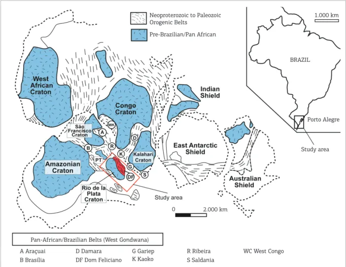 Figure 1. Southern portion of the Gondwana continent showing the main cratonic areas and of the Dom Feliciano  belt and related belts of Africa
