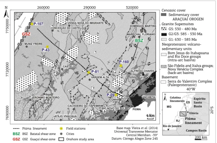 Figure 3. Geological map of the onshore study area showing the main lithostratigraphic units and structural  elements of the Araçuaí orogen (Adapted from Vieira et al