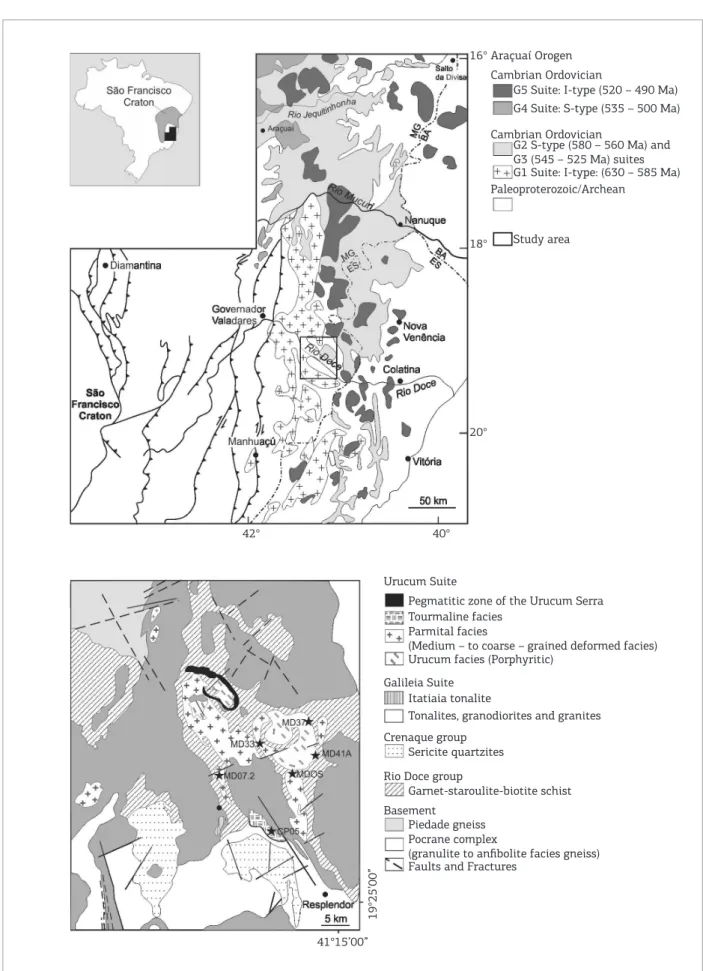 Figure 1. (A) Simpliied geological map of the Araçuaí orogen and adjacent regions of the São Francisco Craton  (modiied from Pedrosa-Soares et al