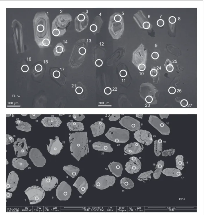 Figure 8. Cathodoluminescence (EL37) and backscattering electron (EK31) images of typical detrital zircon crystals  from the Piriá Formation