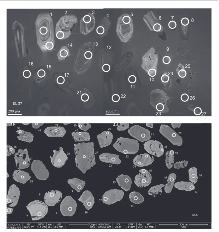 Figure 8. Cathodoluminescence (EL37) and backscattering electron (EK31) images of typical detrital zircon crystals  from the Piriá Formation