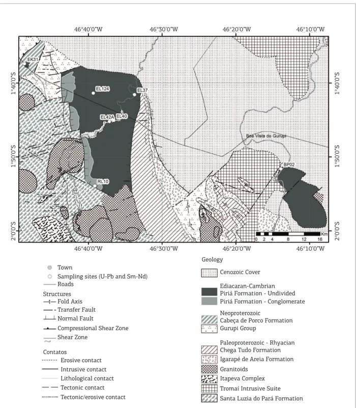 Figure 2. Simpliied geological map of the study area (adapted from Lopes &amp; Klein 2014 and Klein &amp; Sousa 2012),  with location of samples used in geochronological and Nd analyses.