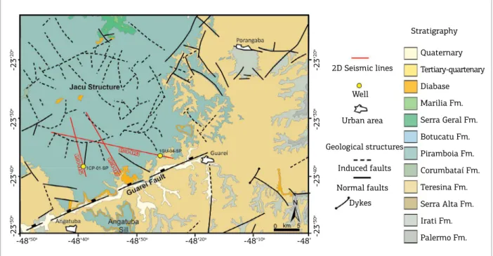 Figure 3. Geologic map of the study area and location of seismic and well data. 