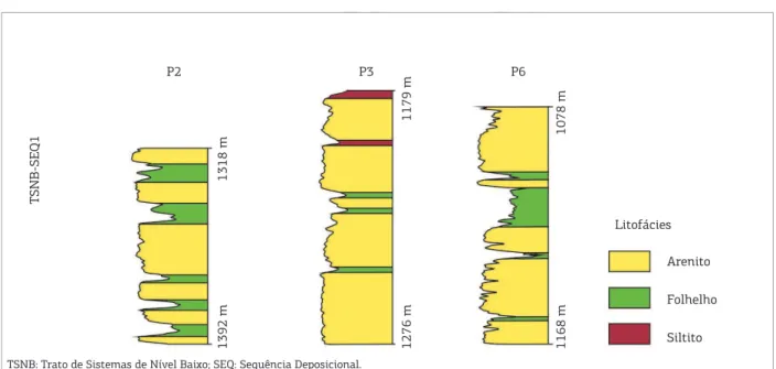 Figura  9.  Peril  litofaciológico  dos  poços  P2,  P3  e  P6,  compreendendo  o  Trato  de  Sistemas  Transgressivo  da  Sequência Deposicional 1