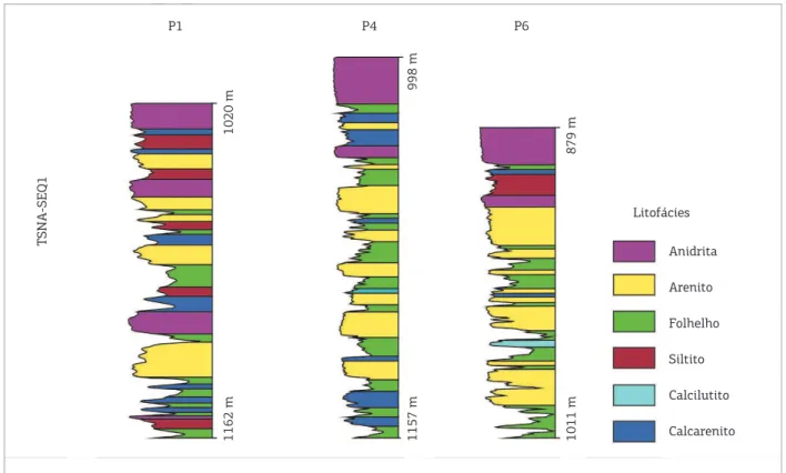 Figura  10.  Peril  litofaciológico  dos  poços  P1,  P4  e  P6,  compreendendo  o  Trato  de  Sistemas  de  Nível  Alto  da  Sequência Deposicional 1