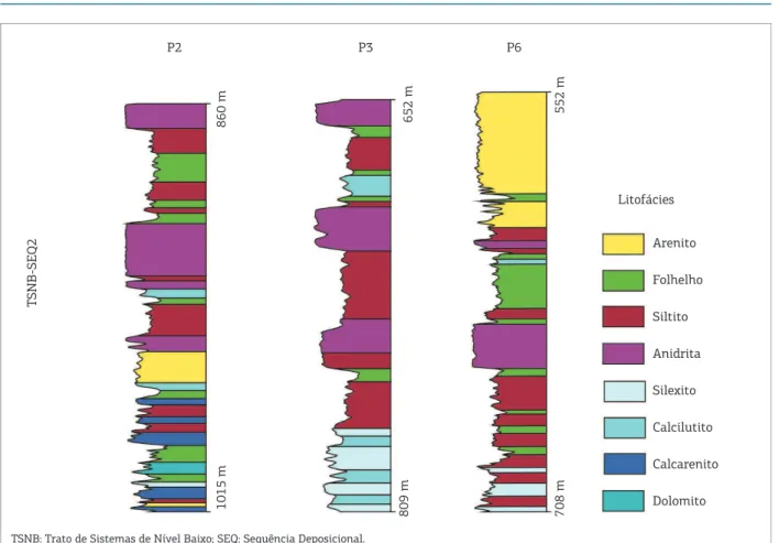 Figura  13.  Peril  litofaciológico  dos  poços  P1,  P3  e  P6,  compreendendo  o  Trato  de  Sistemas  Transgressivo  da  Sequência Deposicional 2