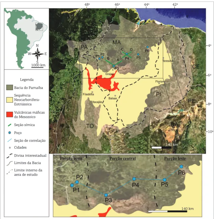 Figura 1. Localização e limites da Bacia do Parnaíba com ênfase na distribuição espacial da Sequência  Neocarbonífera-Eotriássica alorante e na localização dos poços, das seções sísmicas analisadas e da seção de  correlação confeccionada