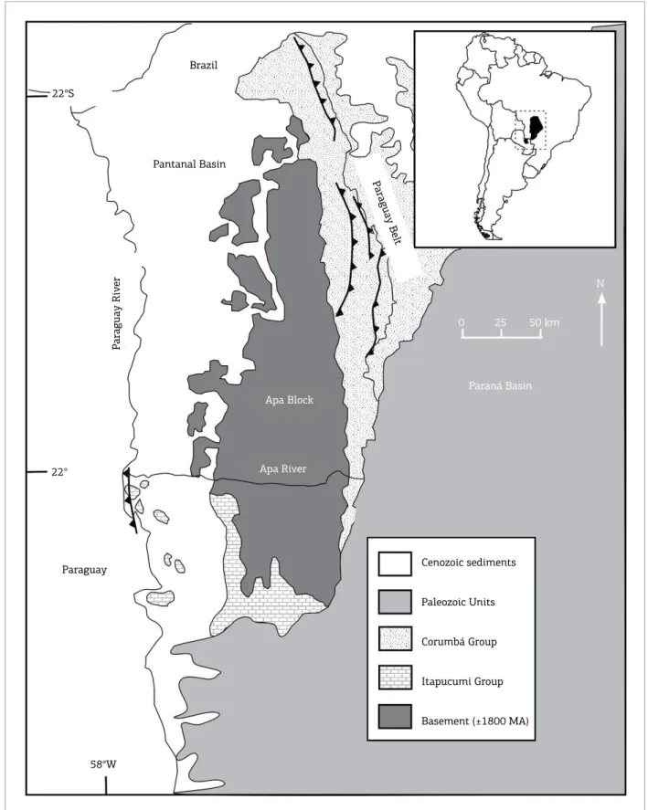 Figure 6. Summary geological map of the area of occurrence of the Apa Block, Itapucumi and Corumbá groups.