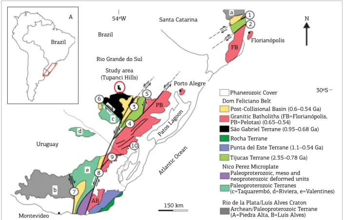 Figure 1. Simpliied geological map of the Sul-Rio-Grandense Shield and Uruguay Shield (cf