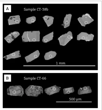 Figure 6. Cathodoluminescence images of zircons from  the  (A)  Tupanci  Hill,  with  internal  zonation  due  to  crystal growth during magma cooling, and (B) Picados  Hill, which show features of alteration