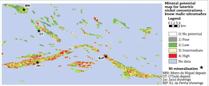 Figure 9. Mineral potential map for supergene nickel deposits in the known maic-ultramaic bedrock for the  ASA-included model.