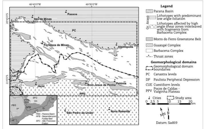 Figure 1. Subject area outline with geological and geomorphological framework, and regional tectonic and  political setting (inset, lower let)