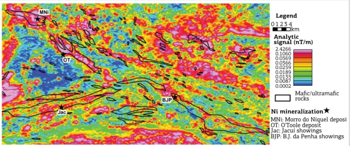 Figure 4. Binary analytic signal amplitude map with known nickel mineralization and maic-ultramaic bedrock.