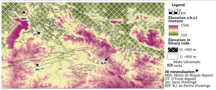 Figure  5.  Thorium-Potassium  ratio  map  depicting  known  nickel  mineralization  and  regions  considered  in  the  binary evidence layer.