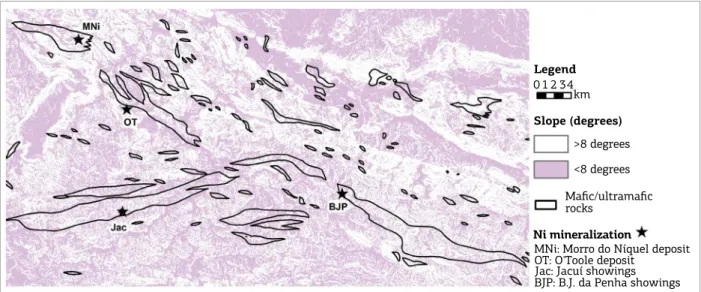 Figure 7. Slope map in binary format for study area, including known nickel mineralization and maic-ultramaic  bedrock outline.
