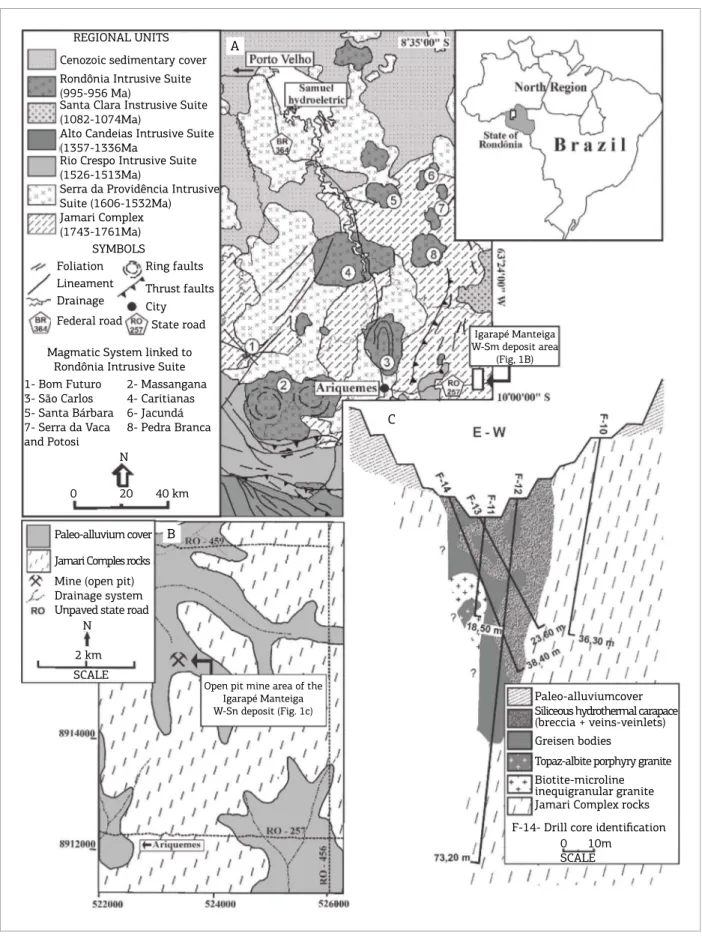 Figure 1. Location of the Rondônia Tin Province. (A) Regional geological map and location of the Igarapé Manteiga  W-Sn  deposit  (modiied  from  CPRM  2007);  (B)  Simpliied  geological  map  of  the  area  around  the  Igarapé  Manteiga W-Sn deposit (mod