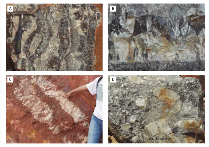 Figure 3. (A) Asymmetrical crustiication texture in veins, with crusts of Li-micas, quartz and topaz, with some  contributions of luorite, siderite, ore- and sulide minerals; (B) Comb structure in veins, mainly formed by growth  quartz, topaz and mica crys