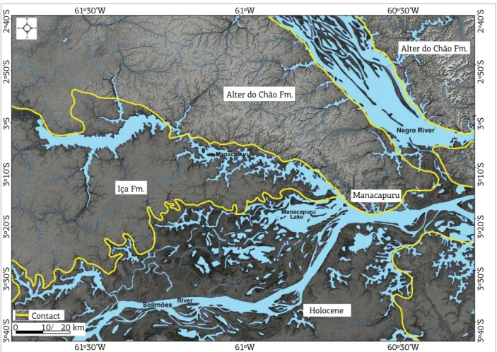 Figure 6. Contact between the Alter do Chão (Eocene-Middle Miocene) and Içá (Pleistocene) formations eastward  from the Purus Arch and westward from the Negro River in the Amazon Basin