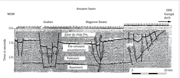 Figure 2. Seismic geological section of Gurupá Arch, where the basement still remains elevated, at the Amazon  Basin’s eastern end