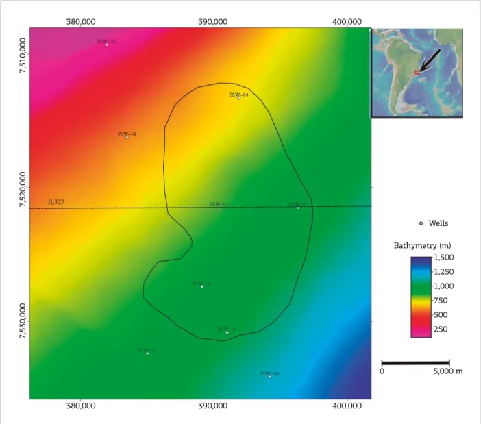 Figure 1. Location map of the seismic dataset at Marlim ield. Coordinates are in UTM, zone 39S