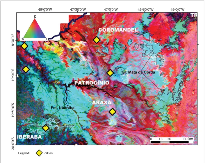Figure  5.  Ternary  gamma  spectrometric  map  of  the  eastern  portion  of  the  TM  and  AP  regions,  showing  the  outcrop areas of the Uberaba Formation and Mata da Corda Group (data from the Geophysics Airborne Program  of CPRM/CODEMIG, 2006, Area 