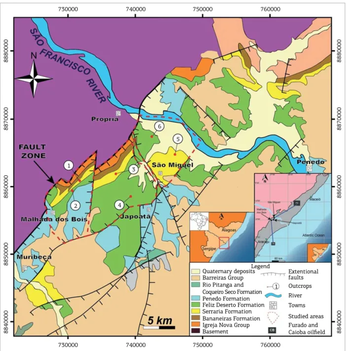 Figure 1. Simpliied geological map of the eastern part of the Sergipe-Alagoas Basin, showing three fault bordered  study areas where the six sedimentary logs discussed in this paper are located.