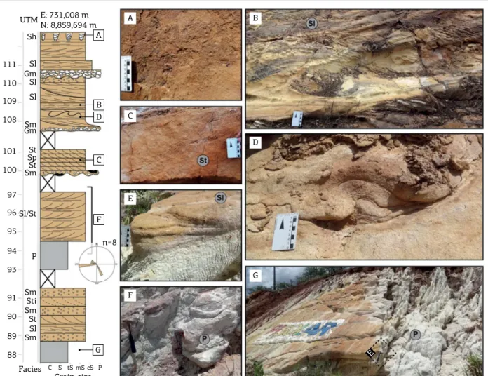 Figure 4. Vertical log of anastomosed luvial channel facies association showing: (A) sandstone with bioturbation  on  top;  (B)  intense  luidization  on  sandstone  obstructing  structure  identiication;  (C)  ine-grained   moderately-sorted sandstone wit