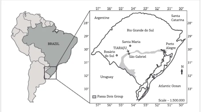 Figure 3. Location maps showing the outcrop belt of the Passa Dois Group, and the Tiaraju fossil site, São Gabriel  District, State of Rio Grande do Sul, southern Brazil (based on Klein 1997).