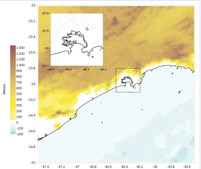 Figure 1. Hypsometric map of the central coast of the State of São Paulo and adjacent continental shelf (data  source ETOPO1, NOAA 2016)