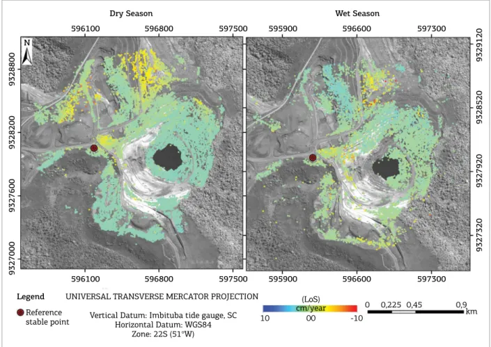 Figure 4. Spatial distribution of persistent scatterers (PS) for N5E mine, visualized by the average line of sight  (LoS) velocity on the panchromatic GeoEye-1 scene for dry and wet seasons