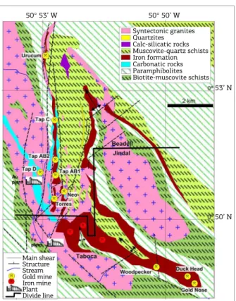 Figure 9. Geology of the area with the gold and iron mines  of Beadell and Jindal. The larger gold deposits occurr in  iron formation, controlled by shears and faults
