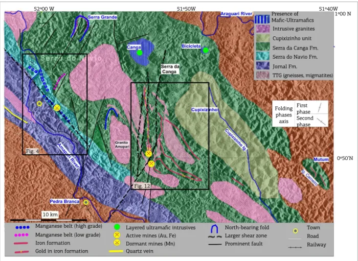 Figure 3. Geology of east of Serra do Navio, with mines of gold, iron and manganese. Presented over the radar  image of Projeto Radam (Lima  et al